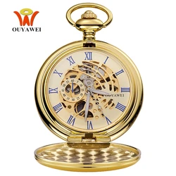 Luxury Brand OUYAWEI Mechanical Pocket Watch Men Full Steel Case Pocket Fob Watch Analog Silver White Dial Vintage Male Clock