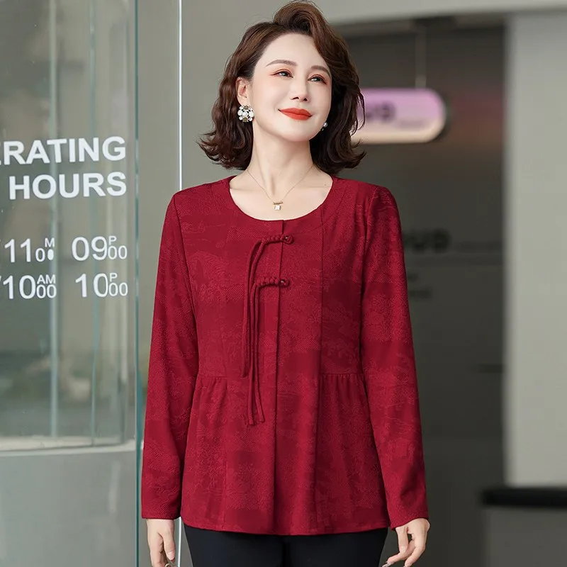 New Spring Autumn Knitted Tops Middle-Aged Elderly Women's Blouse T-Shirt Female Elegant Bottoming Shirt