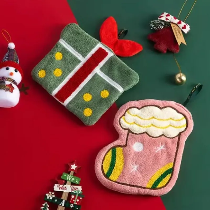 Coral velvet Christmas Hand towel for Kitchen Bathroom Handkerchief Cute Cleaning Towels with Hanging Rope Xmas Decor
