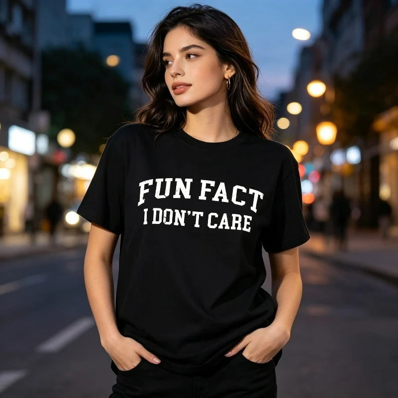FUN FACT I DON'T CARE Letter Print Women T-Shirt Casual Street Style Crew Neck Short Sleeve Tee for Daily Wear