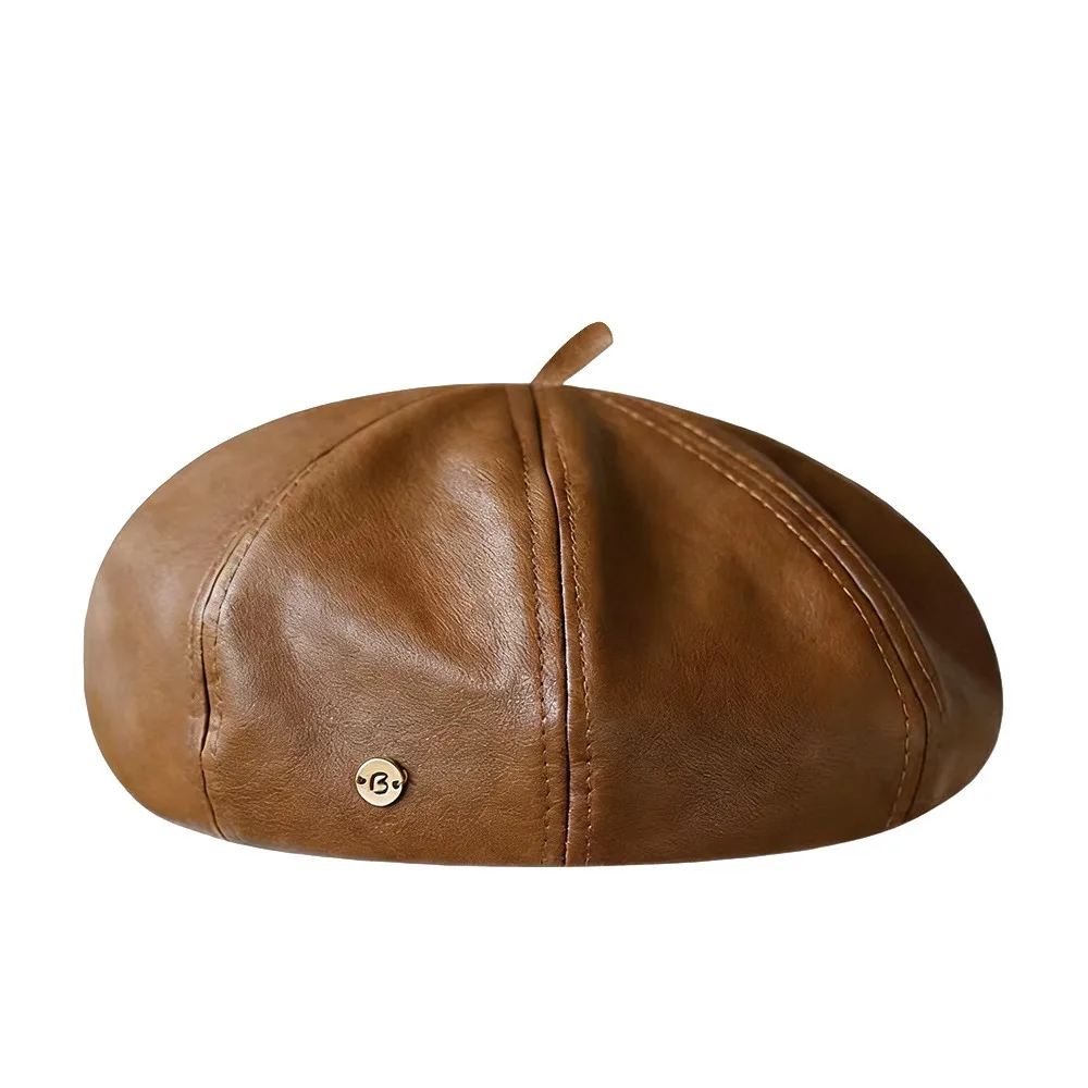 

Metal Logo Beret Hat Big Head Circumference Face Slimming Octagonal Hat Vintage Style Artificial Leather Pumpkin Beanie
