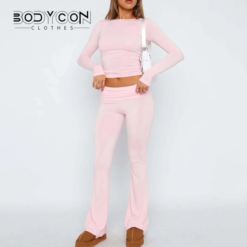 

Women's Fall Casual 2 Piece Outfits Long Sleeve Crew Neck Crop Tops And Low Waist Flare Long Pants Lounge Sets Tracksuits