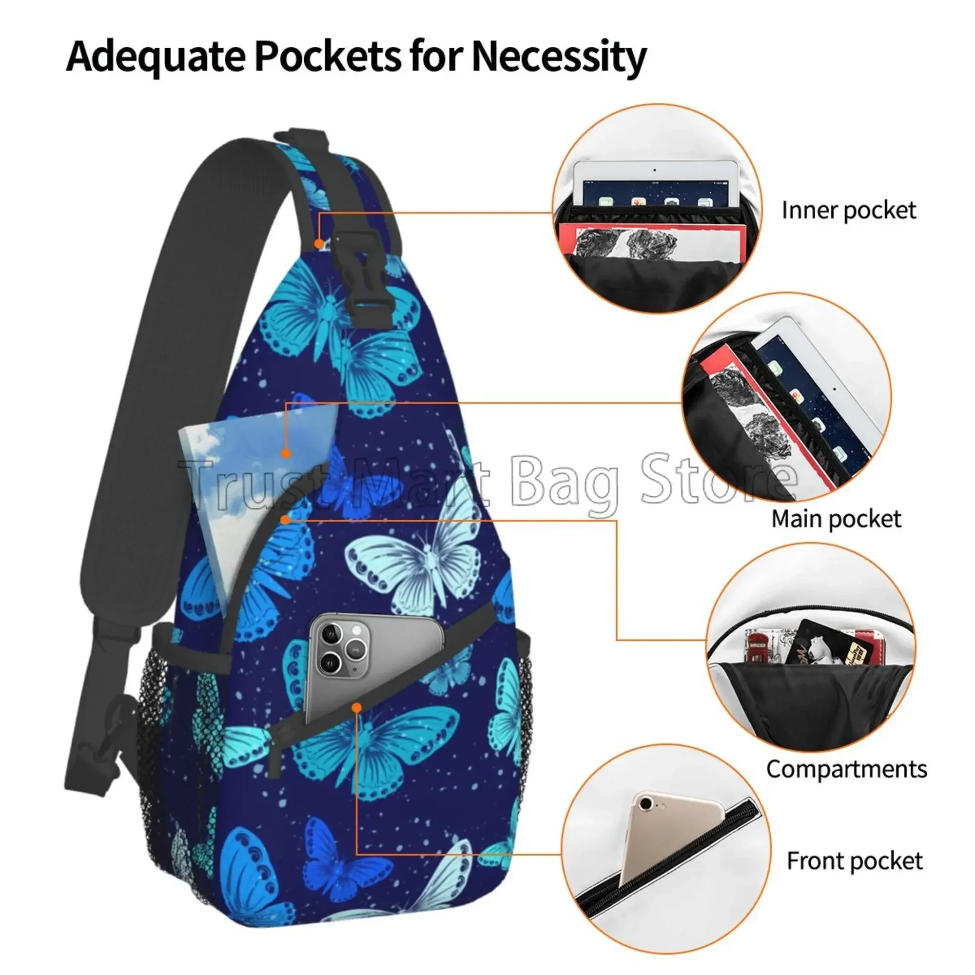 Mochila con bandolera de mariposa azul para mujer, bolsos de pecho Unisex, viaje, senderismo, bandolera de día, bolso de hombro para gimnasio, ciclismo, correr