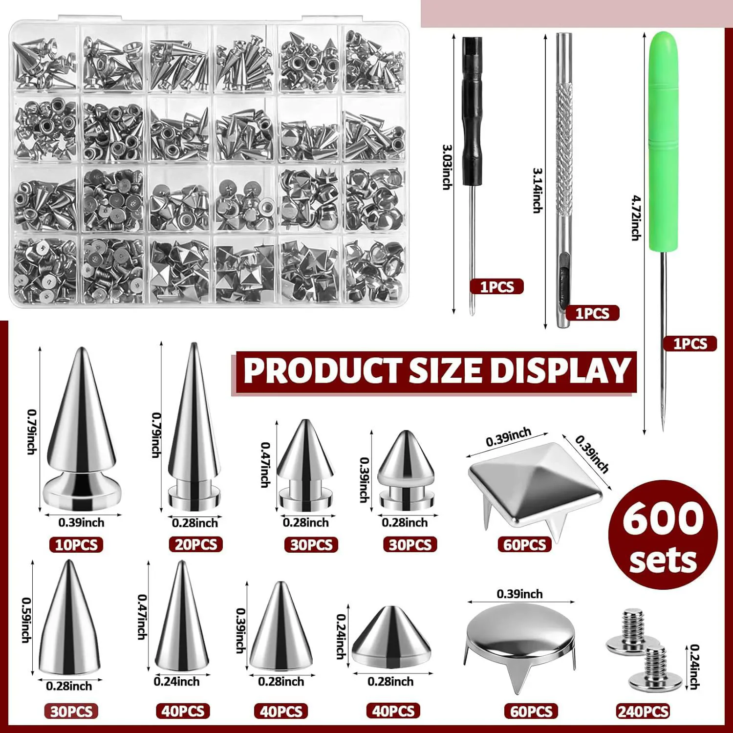 600pcs/set Silver Cone Spikes Screwback Studs Rivets in Multiple Sizes for Punk Style DIY Craft Clothing Accessories
