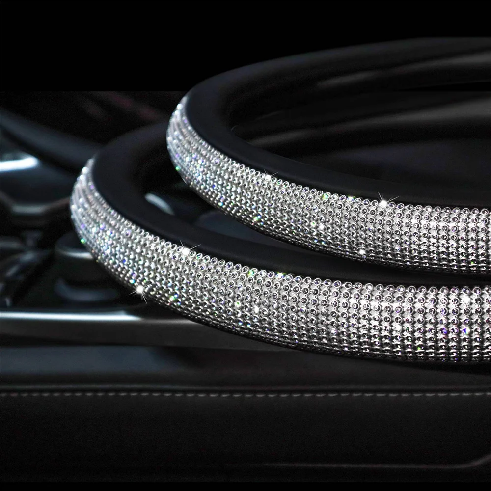 36CM/38CM PU skórzany diamentowy pokrowiec na kierownicę Rhinestone kryształowy Bling dla VW Opel Toyota Nissan Ford akcesoria samochodowe — zdjęcie 6