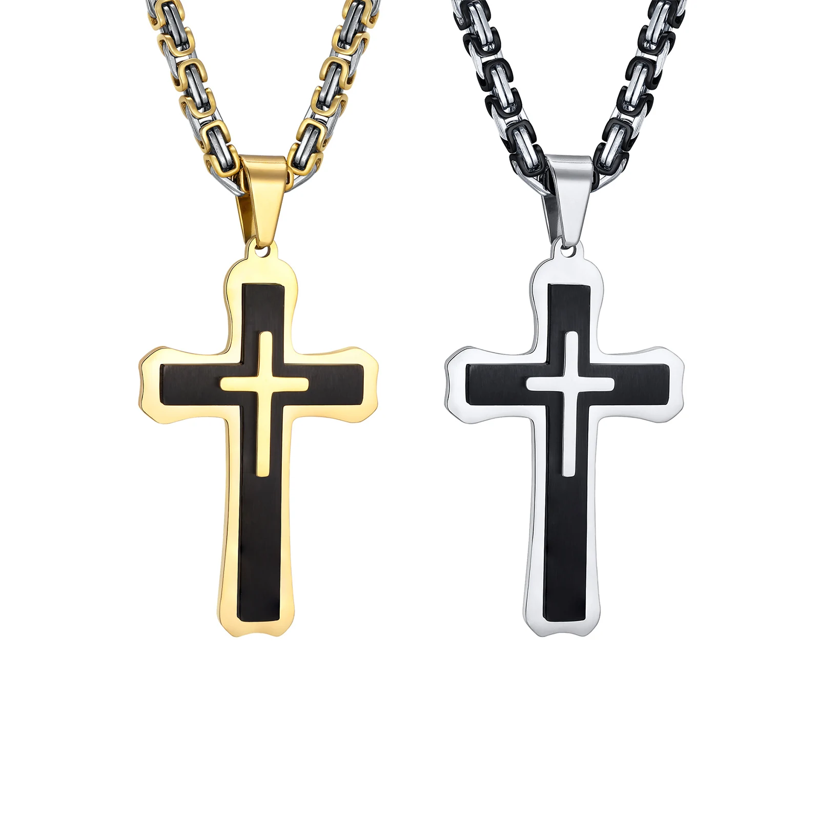 MP Heavy Cross Necklaces for Men Boys,Retro Byzantine Link Chain Necklace,Two Tones Pendant Necklace,Prayer Jewelry