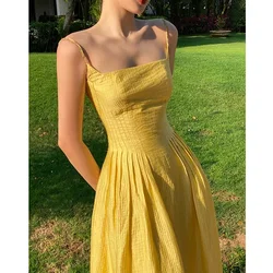 Yellow Elegant Dress for Women  Summer Spaghetti Strapped Party Vestido Fold Sleeveless Luxury Design Bodycon Dresses