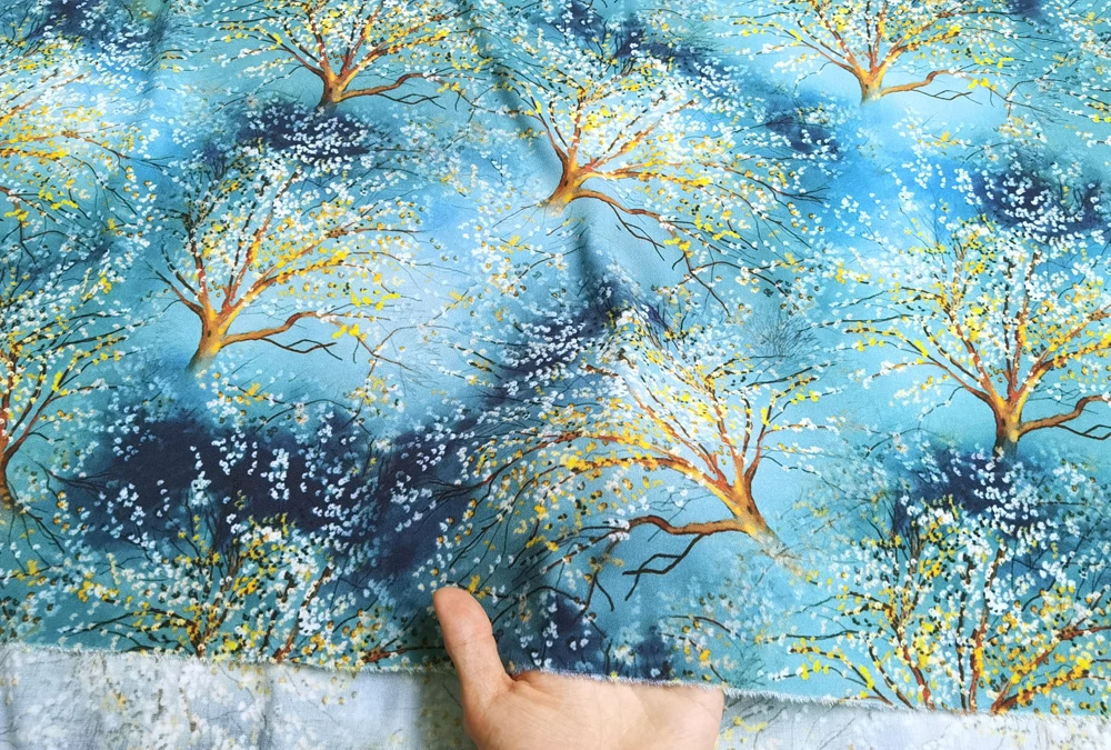 1 meter X 1.4 meter Forest Trees Digitally Print Viscose Cotton Fabric For Robes Arabian