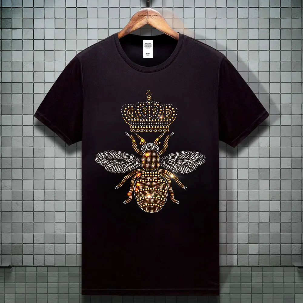 

Bee Crown Rhinestones T-shirt For Men Women Cotton Top Tees Unisex Hip Hop Brand Designer T shirts Drop Shipping XS-XXXL
