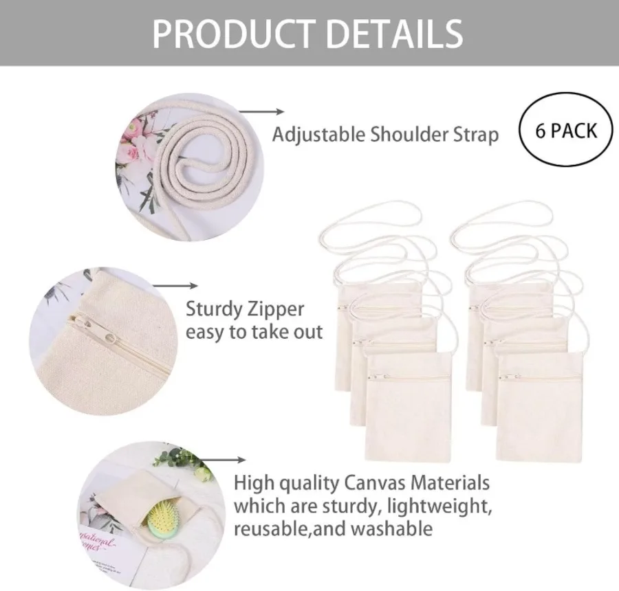 Small Blank Canvas Cross Body Bags for DIY Print Paint Mini Tote Shoulder Bags with Zipper Craft Fabric Bag for Party Drawing