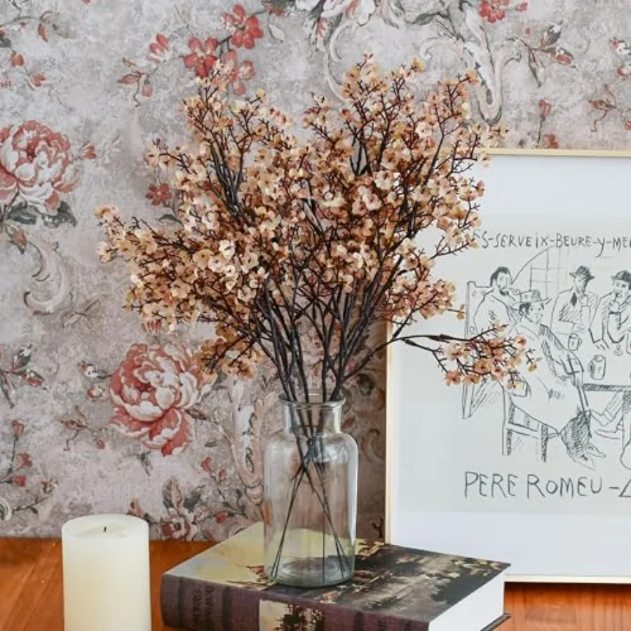 زهور تنفس صناعية بنية فاتحة للأطفال 6 حزم جيبسوفيلا حريرية مع سيقان قابلة للانحناء لتزيين حفلات الزفاف في الخريف