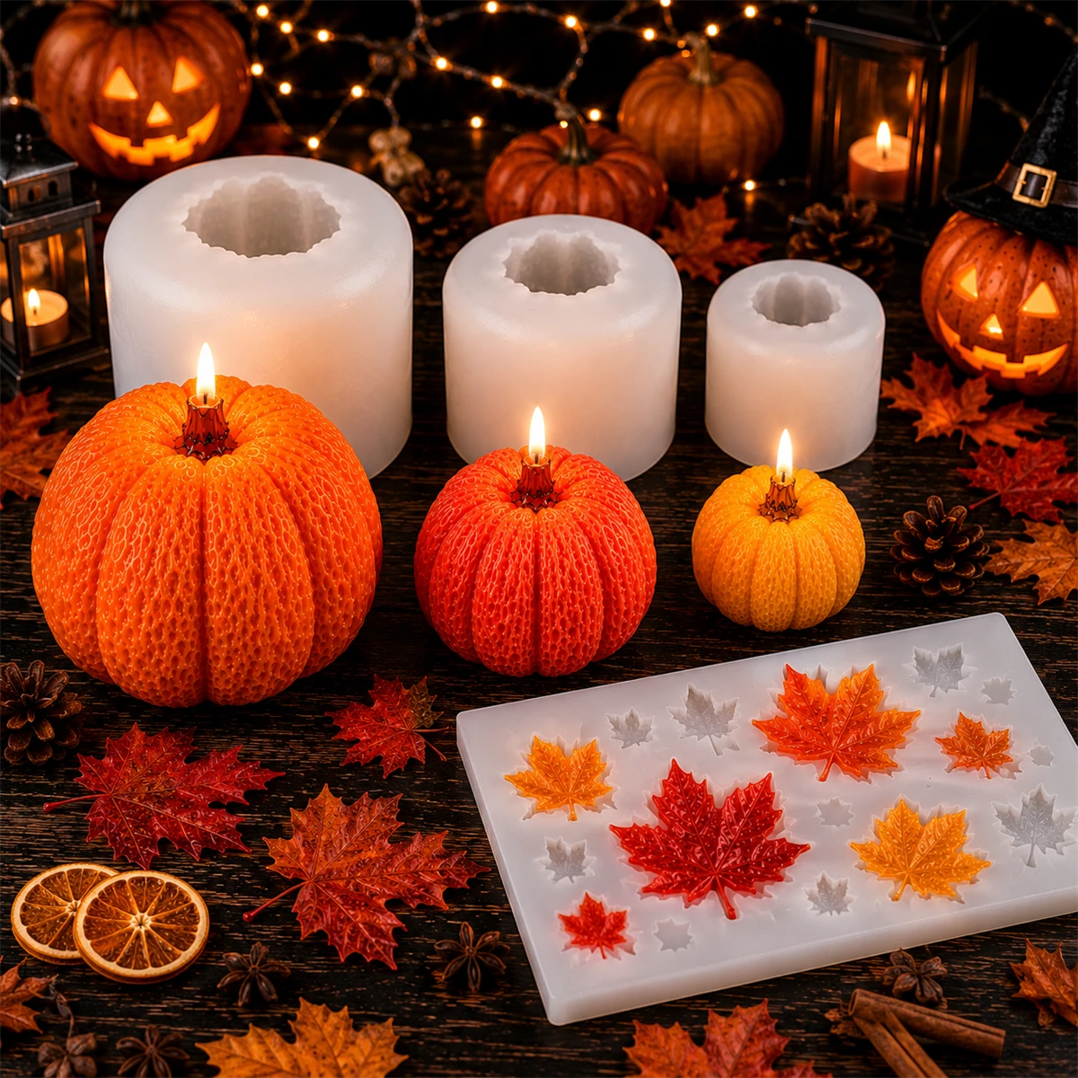 Halloween Pumpkin Silicone Candle Mold 3D Pumpkin Candle Making Mold Maple Leaf Resin Casting Mold DIY Fall Decor Craft