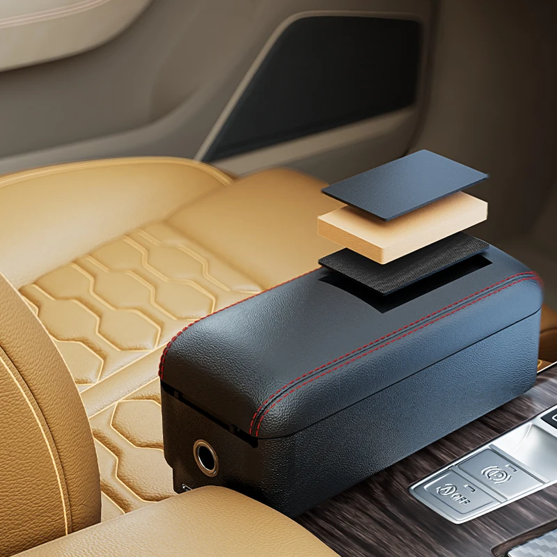 JFBONIN Console Armrest with Dual Cup Holder USB Qi Wireless Charging Height Adjustable Car Interior Accessory in PU Leather