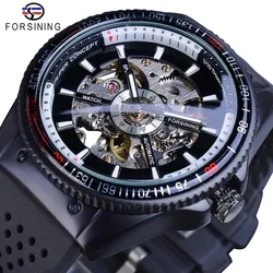 Fashion Forsining Top Brand Hollow cinturino in gomma nera per orologio meccanico completamente automatico con puntatore luminoso retrò classico da uomo