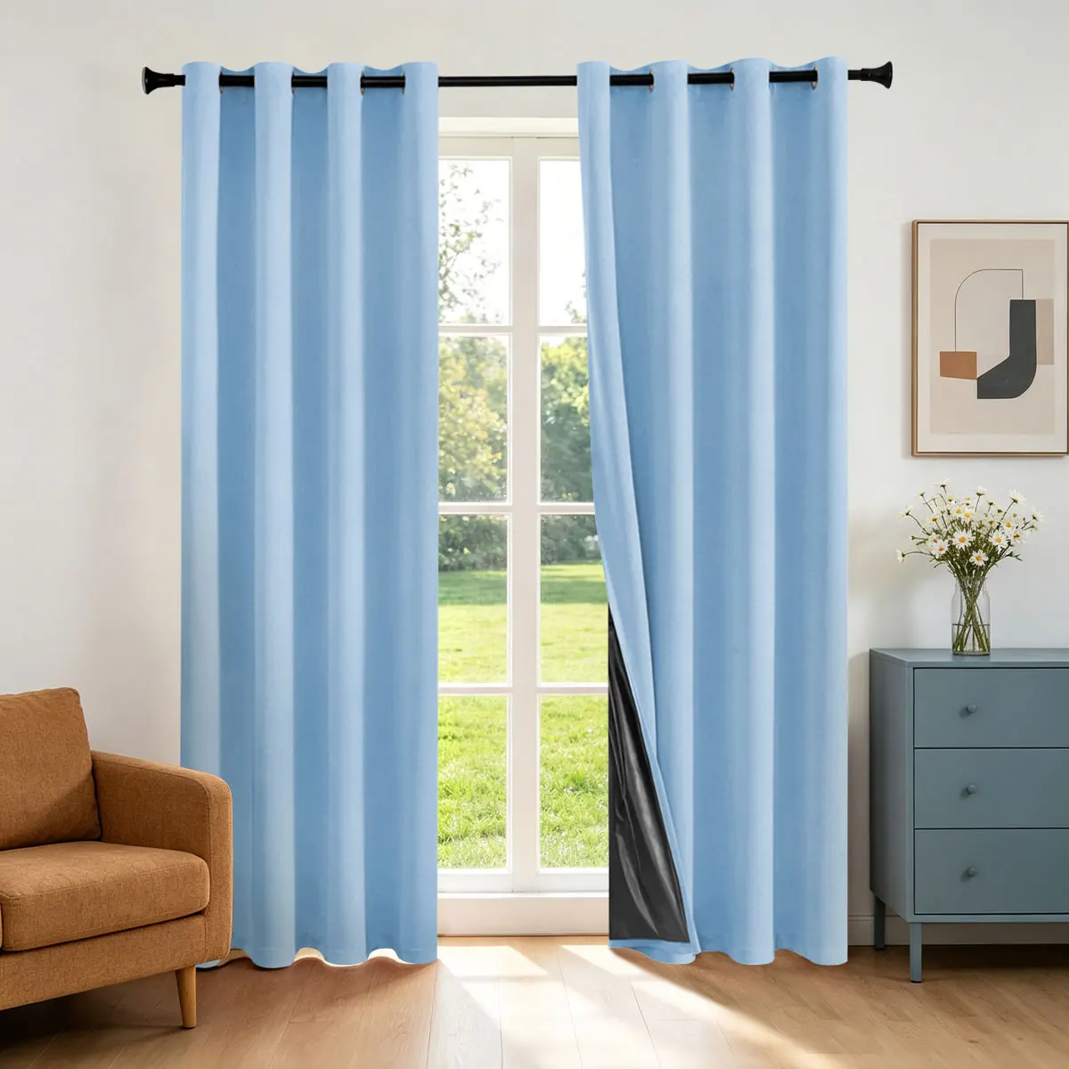 Sky Blue Grommet Curtains with Black Liner, Matte Light Blocking Drapes for Kids Bedroom Living Room Decor