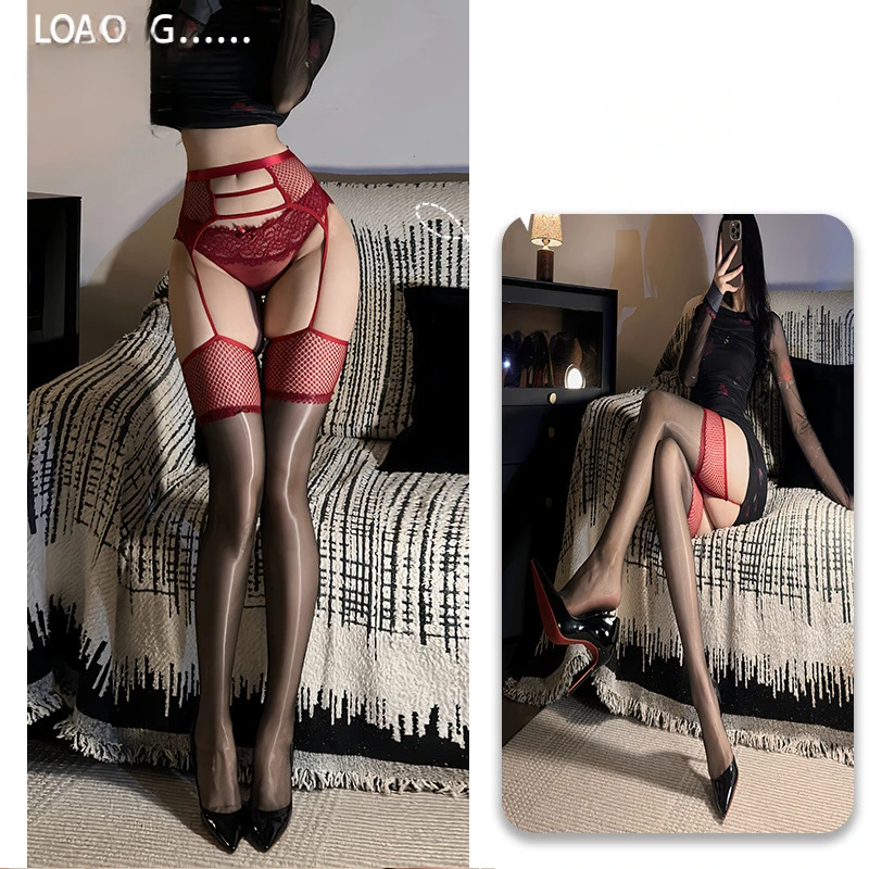 Sexy grid waist corset suspender stockings women saddle oil red purple black medias club influencer thigh high socks open crotch