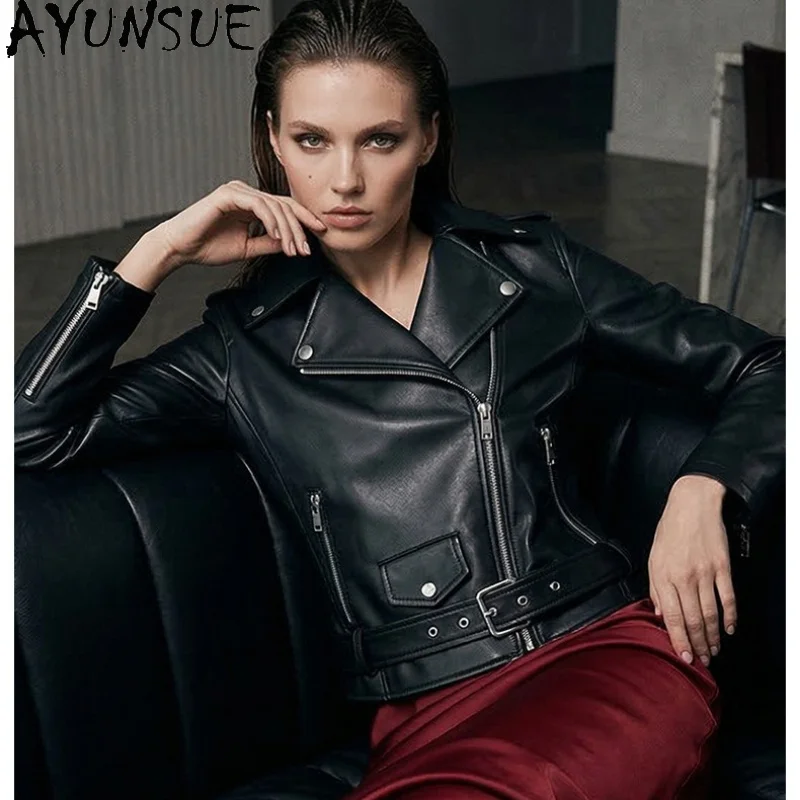 AYUNSUE Women's Real Leather Jackets Motorcycle Style Short Jacket Woman Fashion Black Long Sleeve Tops Woman Clothes Jaqueta