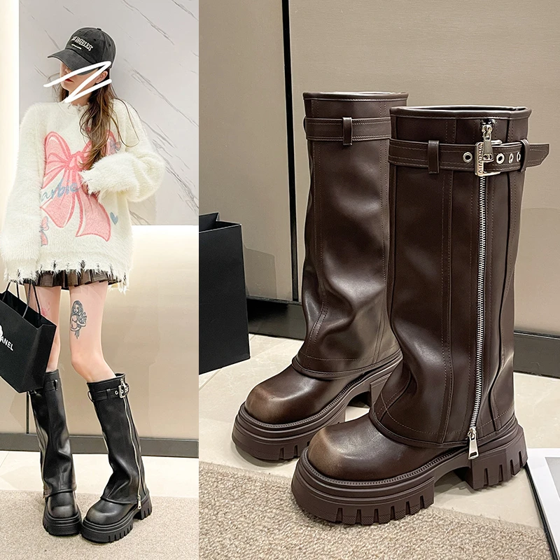 

Winter Women's Knee High Biker Boots Belt Buckle Platform Boots Elegant Long Casual Booties for Women