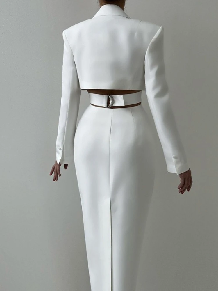 Women Single Breasted High Waist Tunics Mid-calf Blazer Dress Office Lady Chic Long Sleeve Hollow Out Bandage Slim Party Dresses