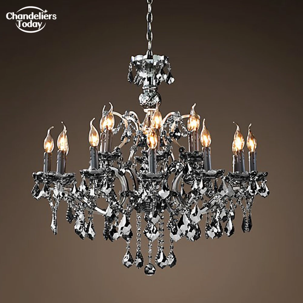 19th C. Rococo Iron & Crystal Round Chandelier Lighting Farmhouse Smoke Crystal Chandelier LED Black Iron Lustre Light Fixture