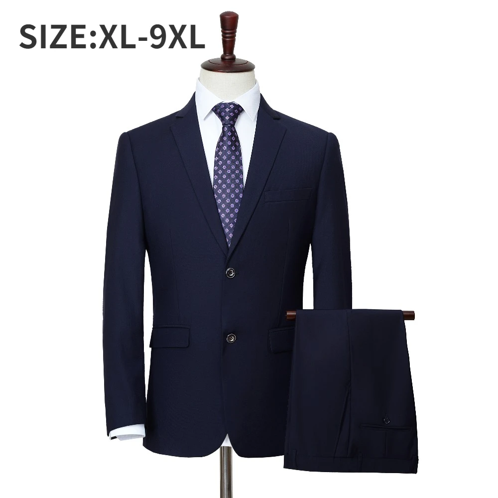 Plus Size Xl-9xl Men Suit Sets Business Office Solid Color Male Formal Clothing Oversized Classic Solid Blazer (Top + Pants))