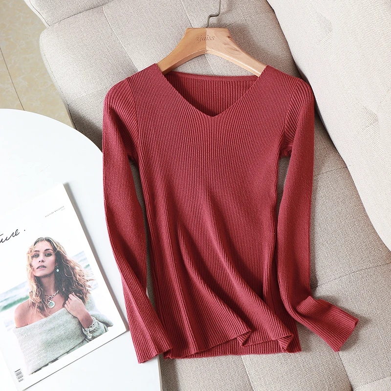 Women Autumn Knitted V-neck Sweaters Casual Long Sleeve Pullover Soft Winter Sweater Female Chic Ribbed Streetwear Solid Tops