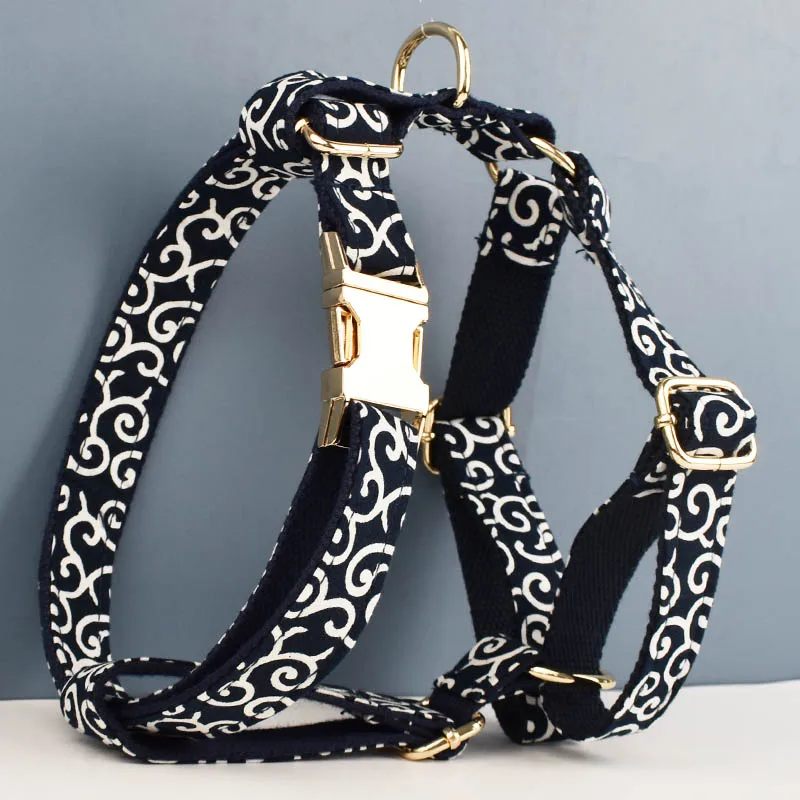 High Quality Custom Design Logo Blue Soft Cotton Pet Accessories Personalized Dog Collar Leashes Harness Bow Set TangCao02