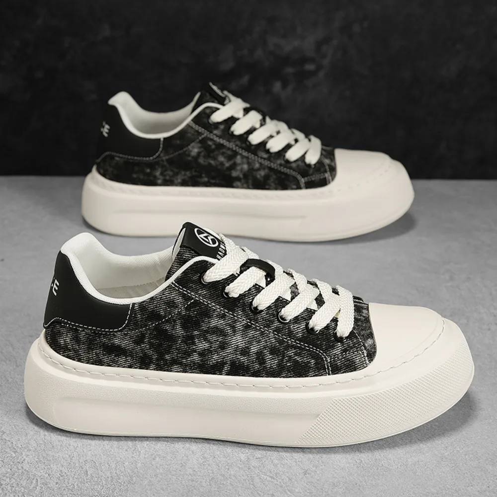 

2026 Men's Thick Sole Denim Canvas Shoes Casual Platform Sneakers Street Style Breathable Lace-Up Footwear