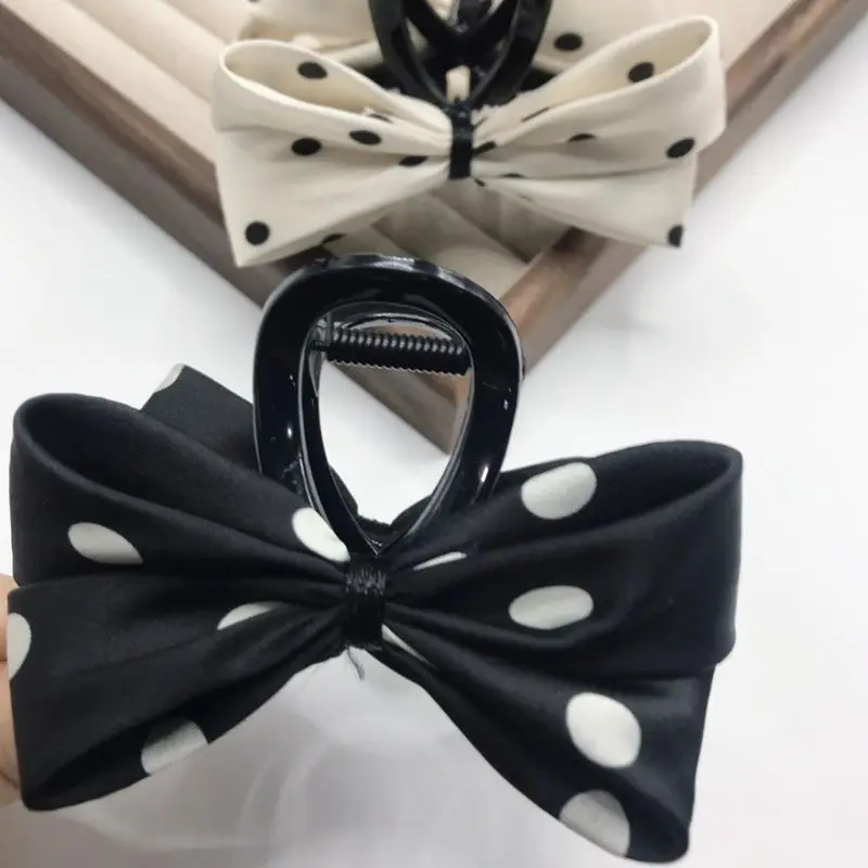 1pc Korean fashion high-end retro black and white contrasting polka dot clip new exquisite bow shark clip hair clip - view 6