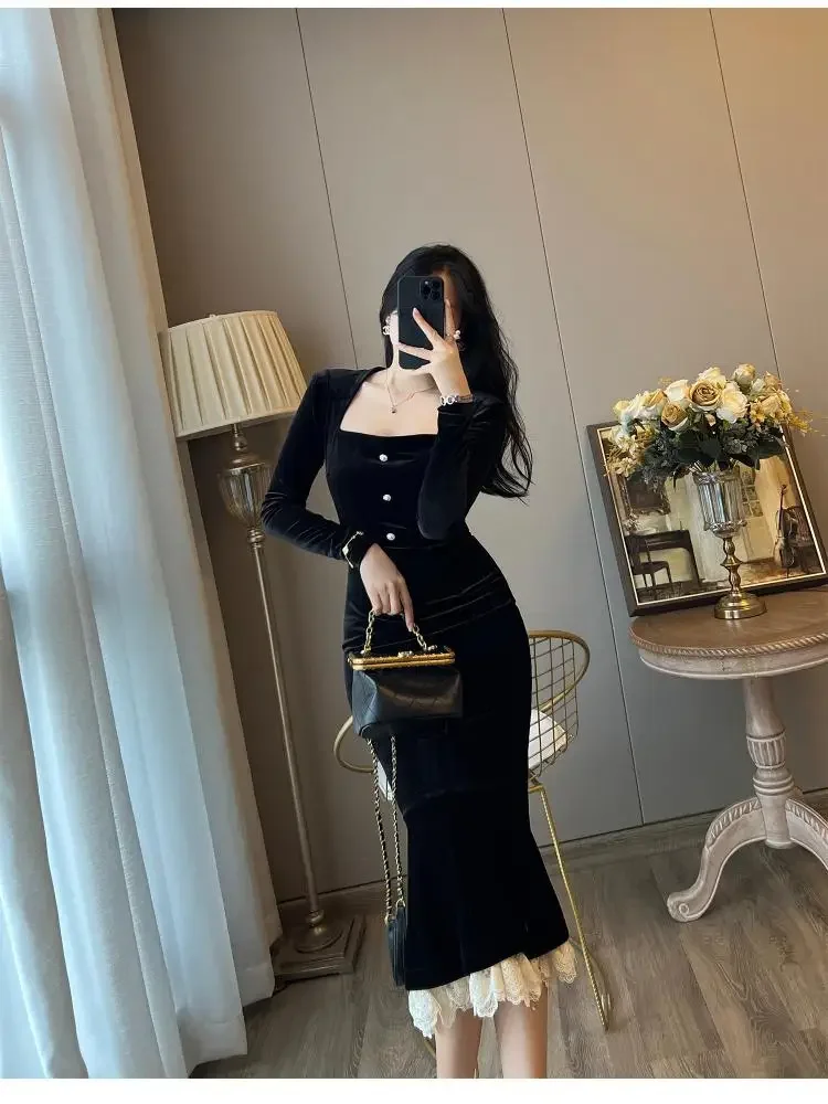 French Black Lace Patchwork Square Neck Wrap Hip Fishtail Dress Autumn Women Vintage Slim Evening Party Velvet Long Dresses 2024