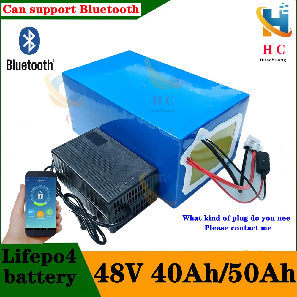 

48V 50Ah Lifepo4 48v 40AH lithium battery Bluetooth BMS APP 16S for 2000w Scooter bike tricycle boat go cart +5A charger