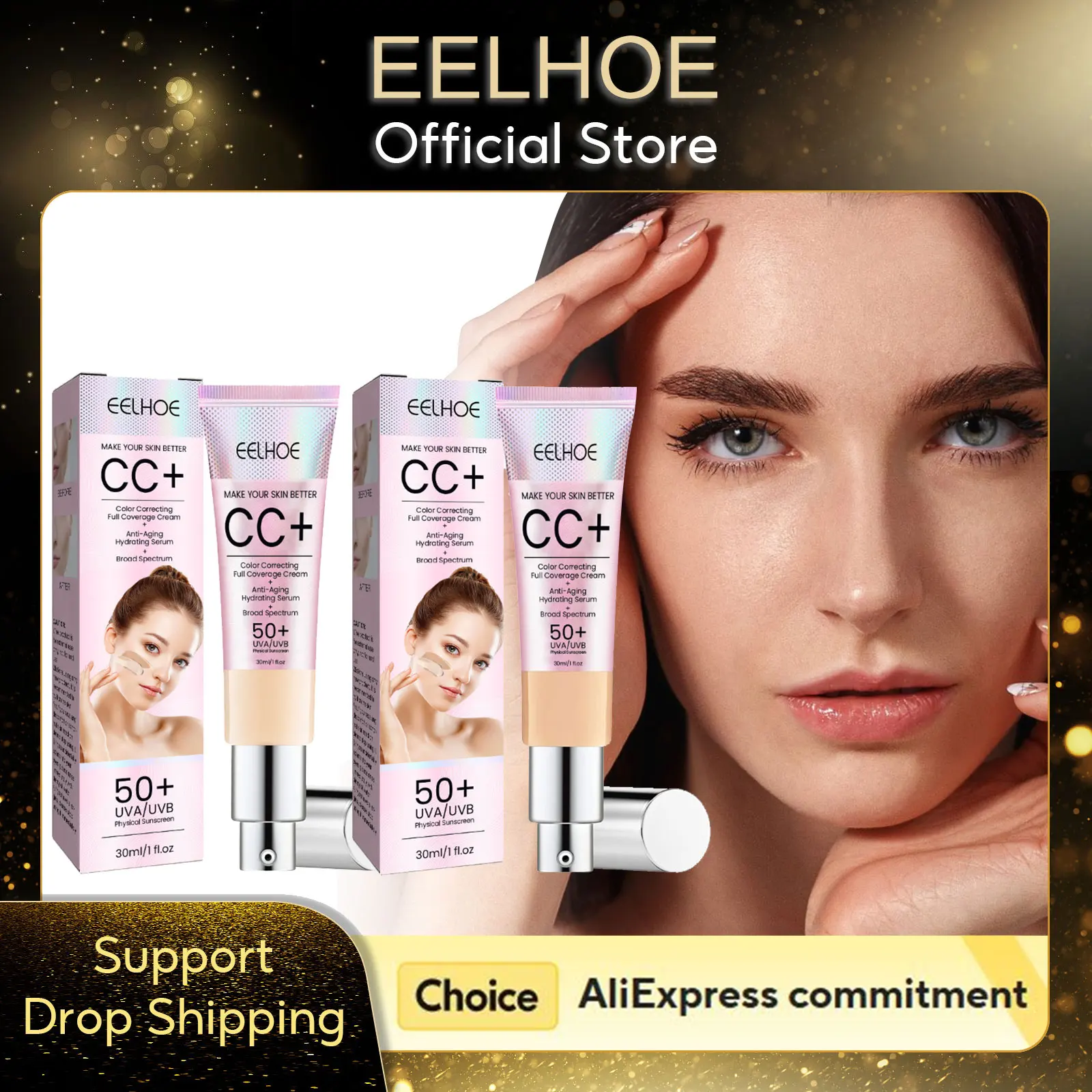 EELHOE CC Cream Foundation Makeup Base SPF50 Brightening  Oil Control Waterproof Long Lasting Waterproof Lightweight CC Cream