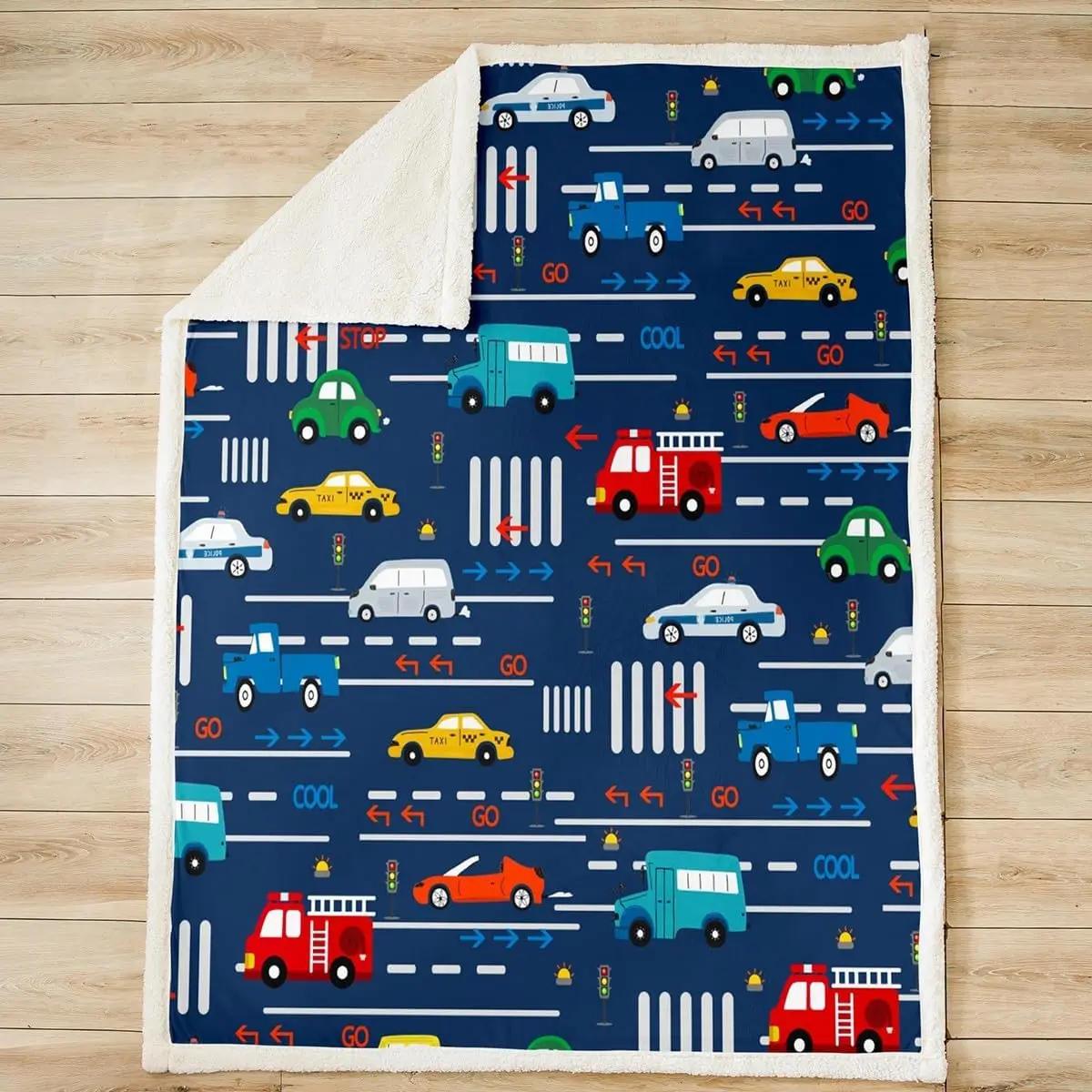 Cartoon Car Sherpa Blanket Transport Vehicles Cars Fleece Throw Blanket Cartoon Fire Truck Plush Blanket for Kids Boys