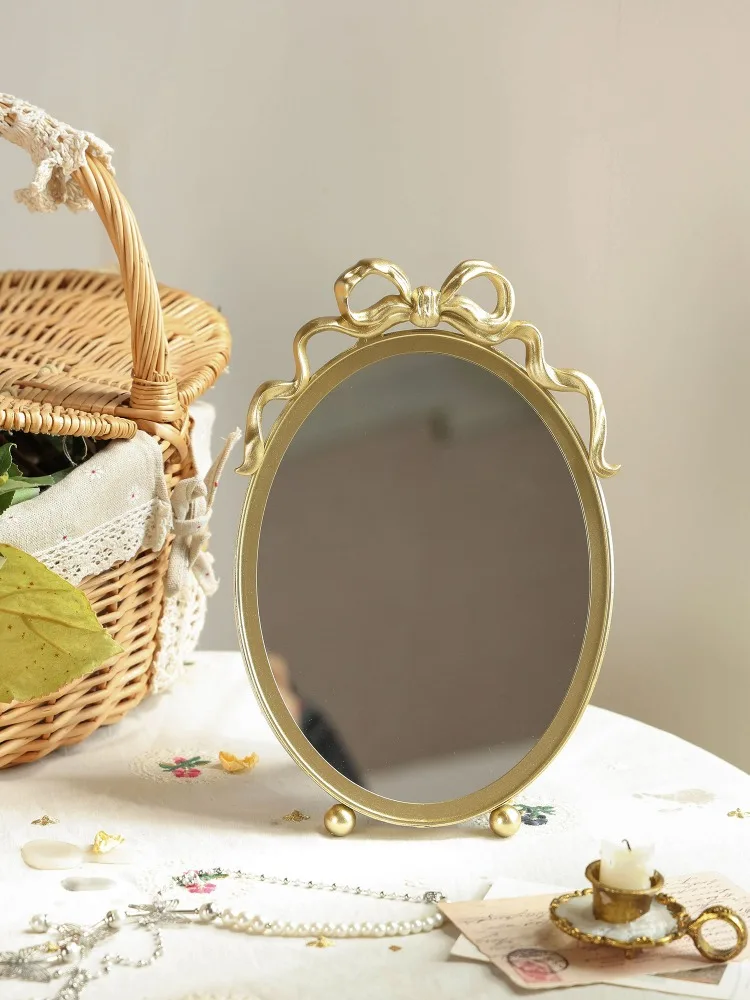 

French Makeup Mirror Desktop Dresser Mirror Desktop Retro Old Bedroom Homestay Desktop Decorative Mirrors Espejo Decorativo