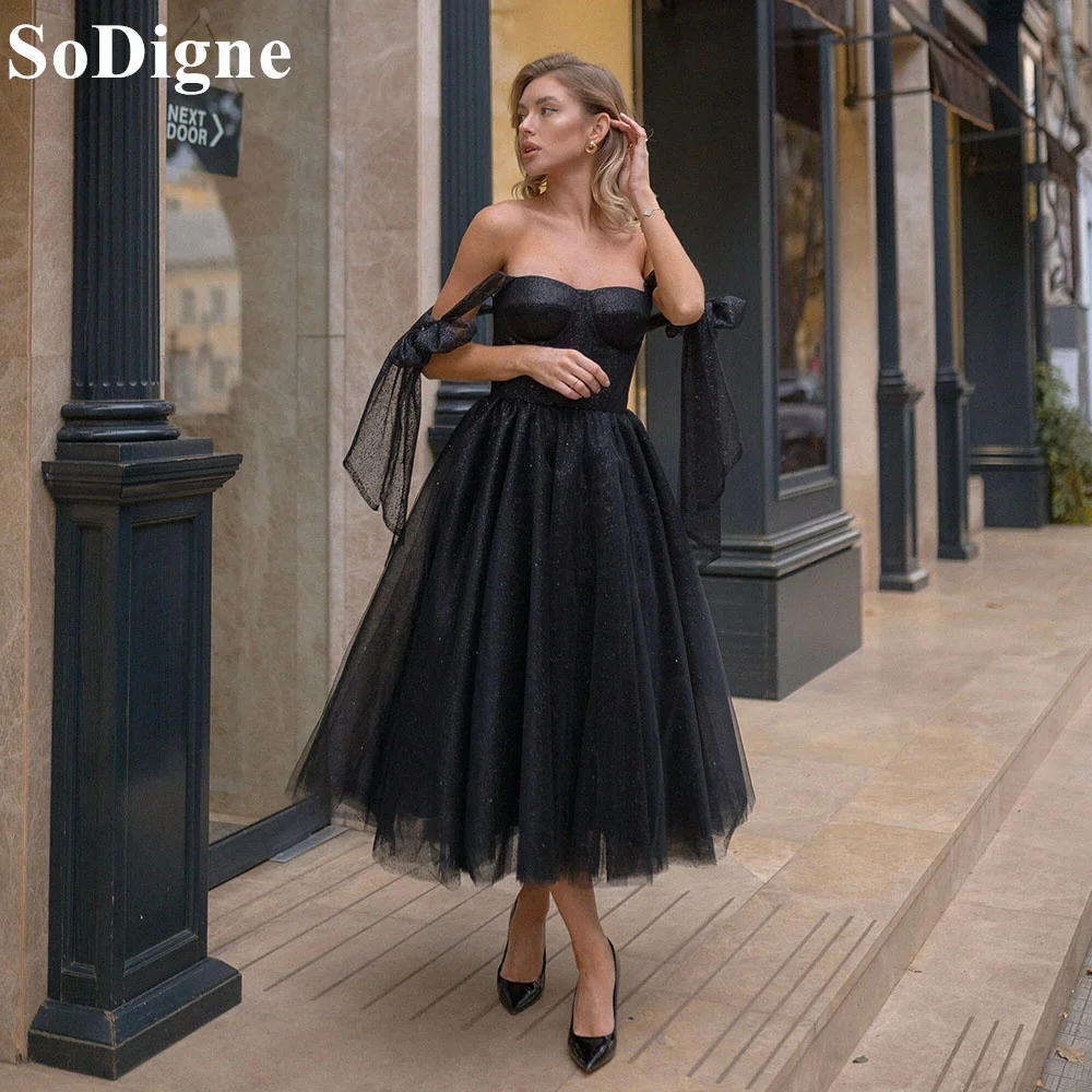 

SoDigne Glitter Black Sweetheart Off Shoulder Evening Dresses Bow Straps 2024 Cocktail Dress for Women Backless Homecoming Dress