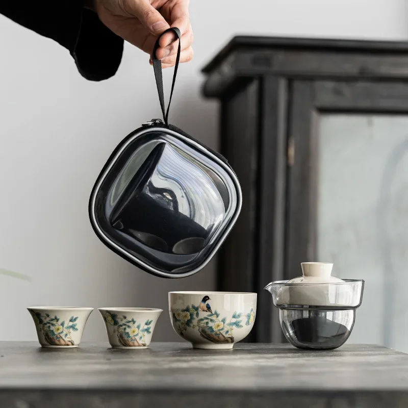 Handmade Travel Tea Set Portable Small Set Quick Guest Cup Ceramic Cover Cup Tea Cup Outdoor Tea Brewing Machine Flower Designer