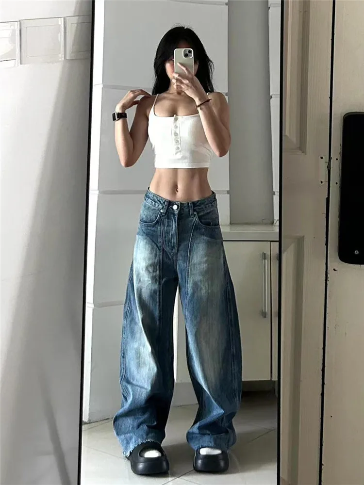 

Женские джинсы свободного кроя с высокой талией, осенне-зимние, повседневные, из денима, с эффектом потертости, широкие, фасона «бананы», с изогнутым кроем, удлиненные