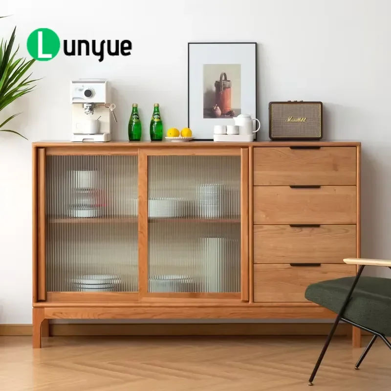 Modern Luxury Nordic Wood Dining Side Cabinet with Double Doors and 4 Drawers for Living Room Storage Furniture