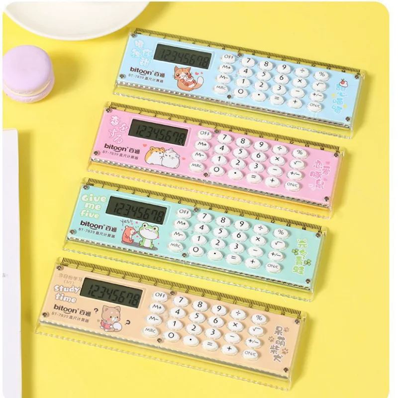 1pc Ruler Calculator Cartoon Cute Student Learning Supplies Learning Stationery Ruler MiNi Electronic Ruler Calculator Dual Use
