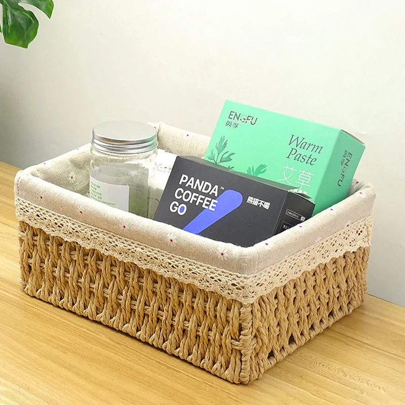 Rattan Storage Basket Household Woven Storage Basket Desktop Debris Sorting and Storage Snack Storage Box Debris Basket