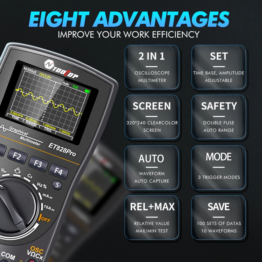 TOOLTOP ET828Pro 10MHz Handheld Digital Oscilloscope 50Msps Automatic True RMS Multimeter AC 565V High Voltage Oscilloscope