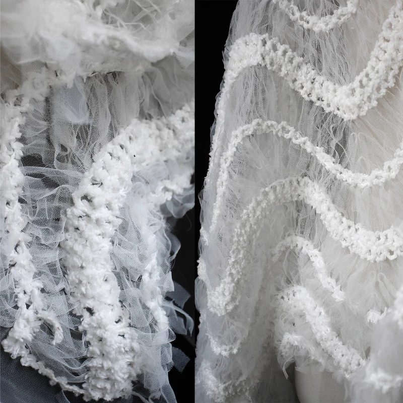 Weaving 3D Texture Mesh Hollow Fabric White Wedding Dress Reconstruction Silhouette Clothing Designer Handmade DIY Fabric
