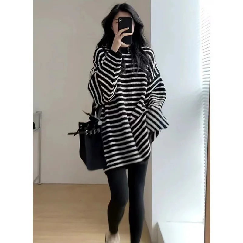 Autumn and winter Korean version of loose all-match lazy wind soft waxy long black and white stripe sweater female undershirt