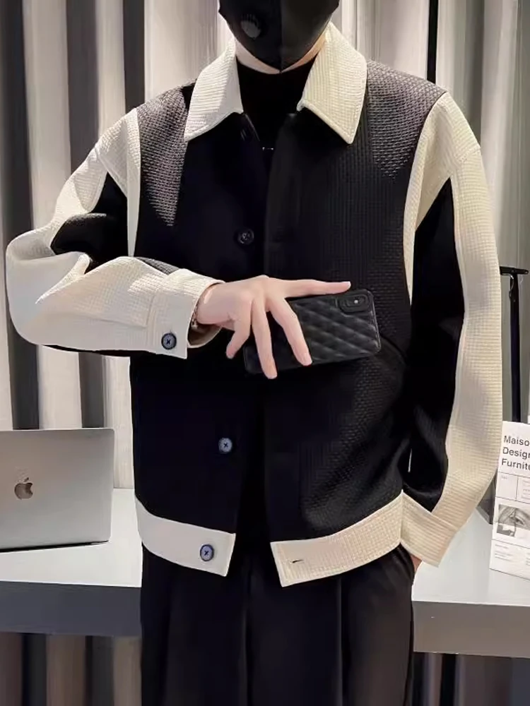 

Faionable ort Collar Jaet Men's Spring Autumn Outerwear Color Blo Contrast Design Youthful Trendy High-End Feeling