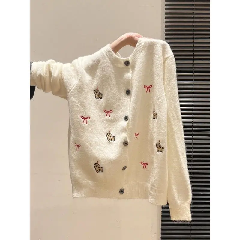 Puppy Embroidered Bow Sweater Women's Winter New Loose Knitted Cardigan Large Size