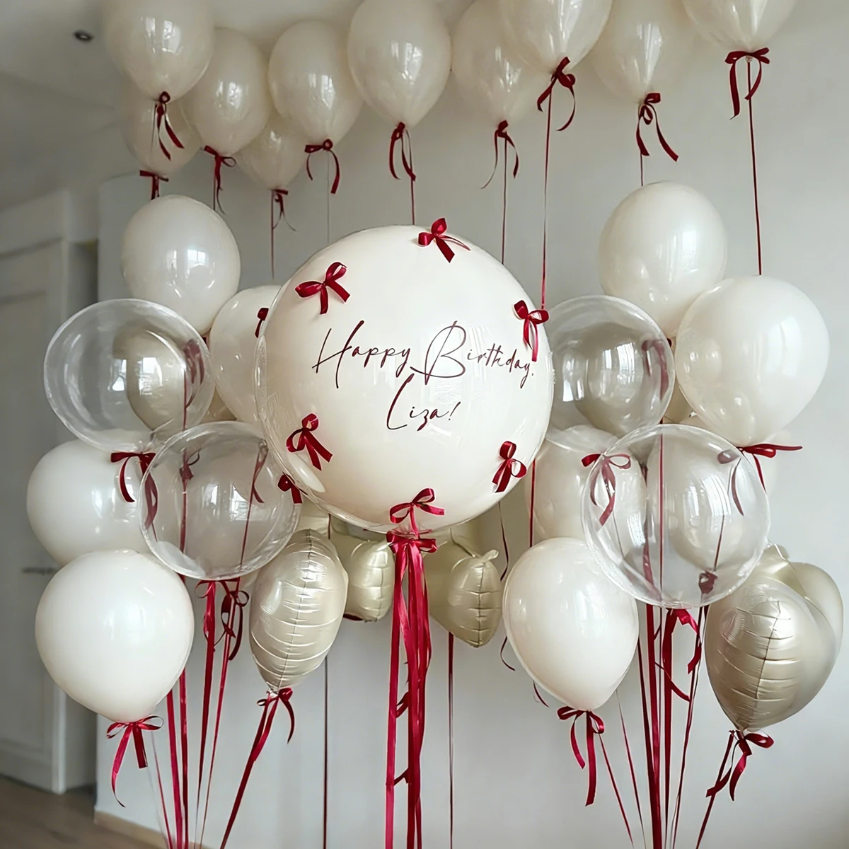 Sandweißes Bobo-Ballon-Set mit roter Schleifen-Dekoration für Geburtstag, Hochzeit, Babyparty, Heiratsantrag, Jubiläumsdekoration.