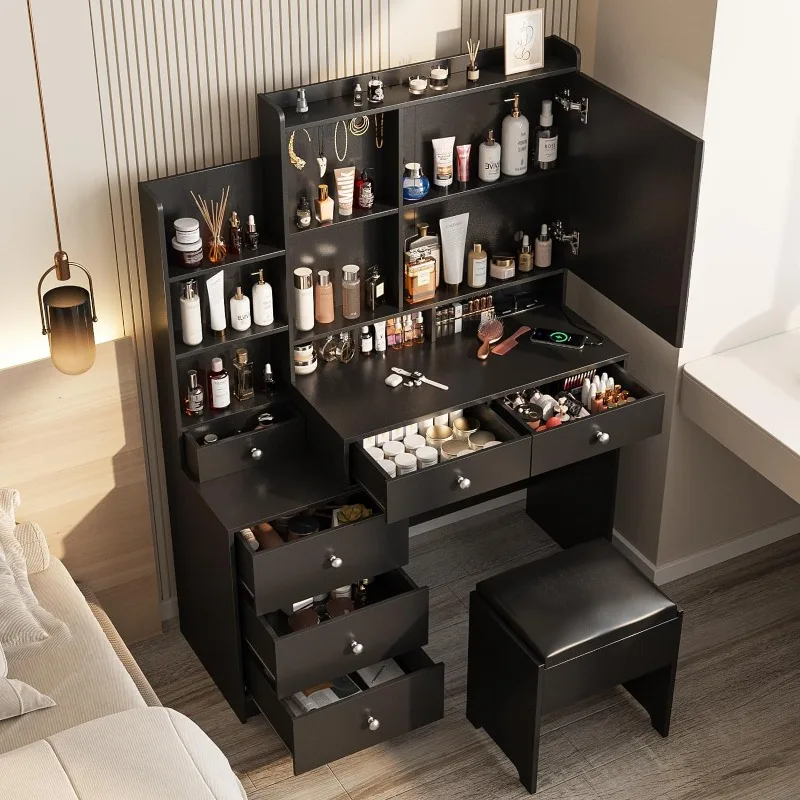 Vanity Makeup Mirror Desk com fezes, Vanity Makeup Set com 6 gavetas e prateleiras, Vanity Table com Power Strip, Espelho 3