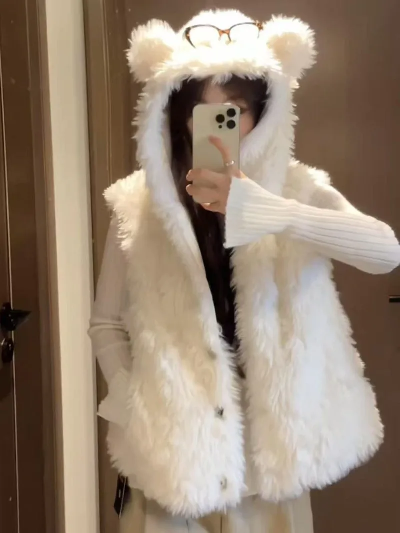 

Женская верхняя одежда 2022, осень и зима, новая свободная женская майка из овечьей шерсти с капюшоном, милая и милая верхняя одежда маленького роста, жилет