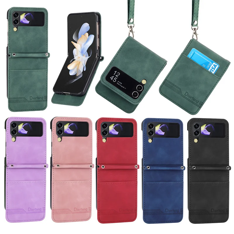 Flip Leather Phone Case For Samsung Galaxy Z Flip 4 3 5G Case Luxury Skin Sensation Wallet Card Cover Strap