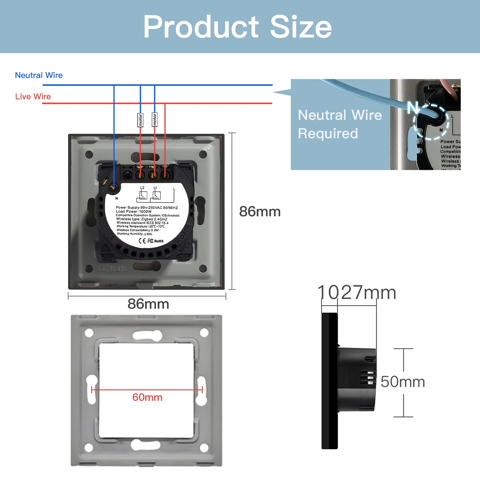 BSEED EU Zigbee Smart Touch Blinds Switch Electric Wall Roller Shutter Switch Tuya Google Home Alexa Voice Wireless Control 5A